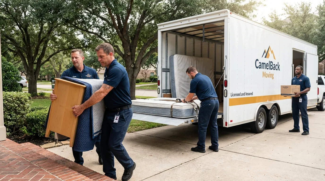 Crew loading residential truck for cross-state move from Plaquemine, LA