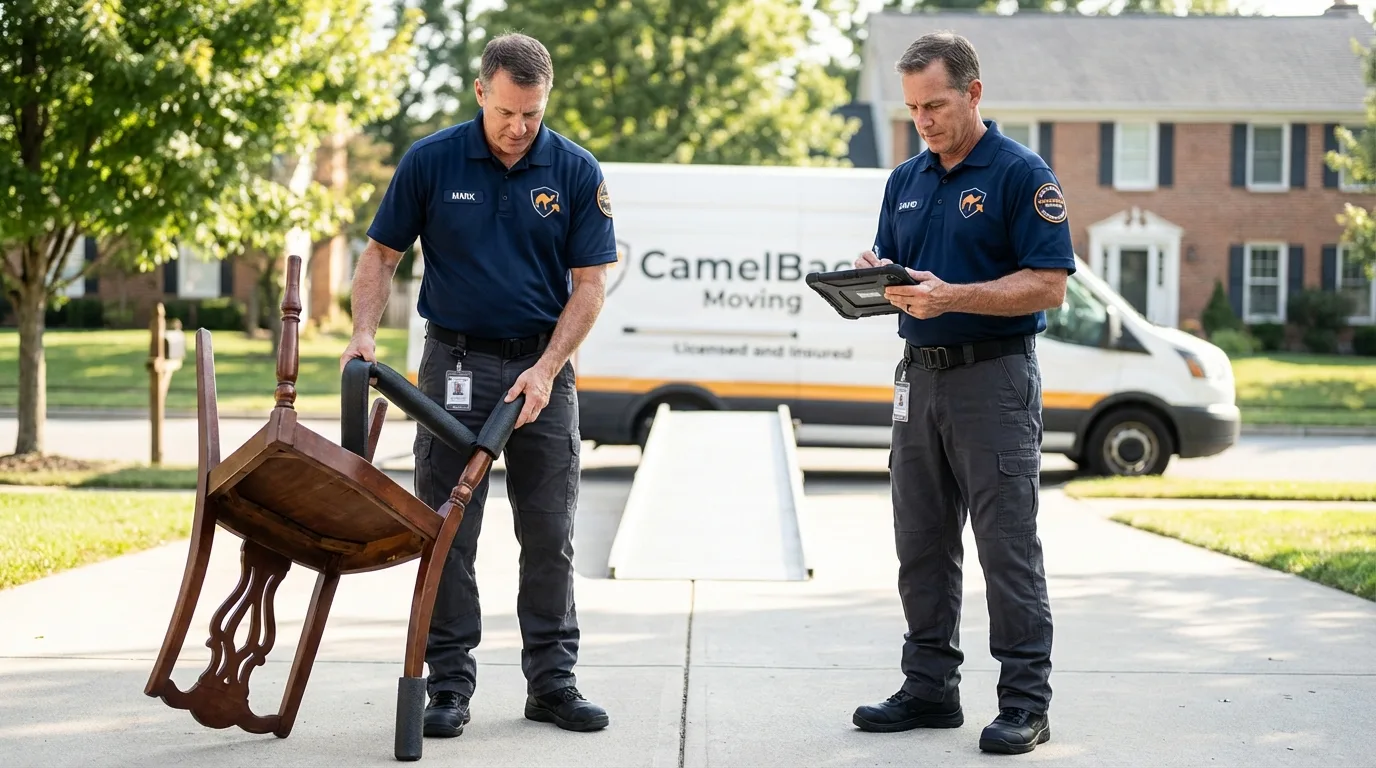 Movers inspecting furniture for damage prevention before loading in Plaquemine, LA