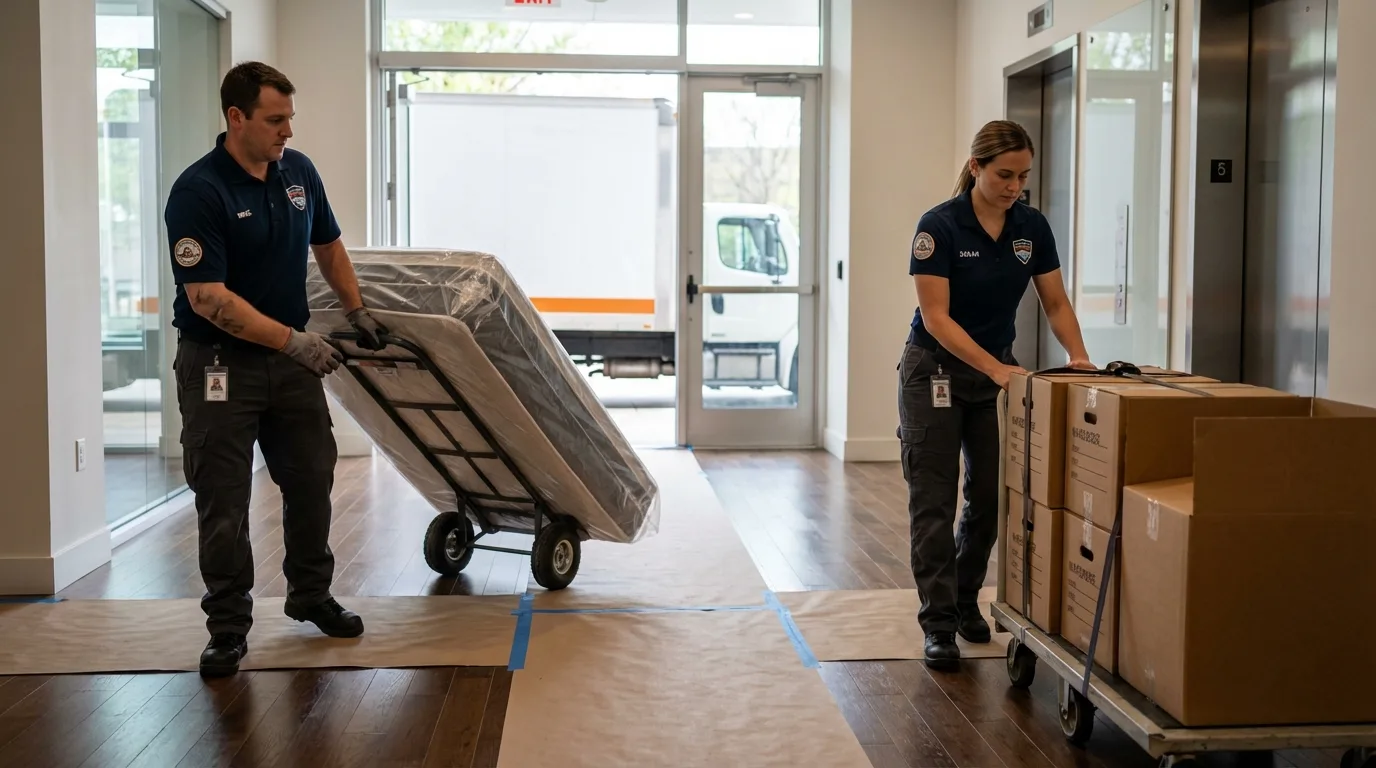Professional apartment movers loading elevator in Plaquemine, LA