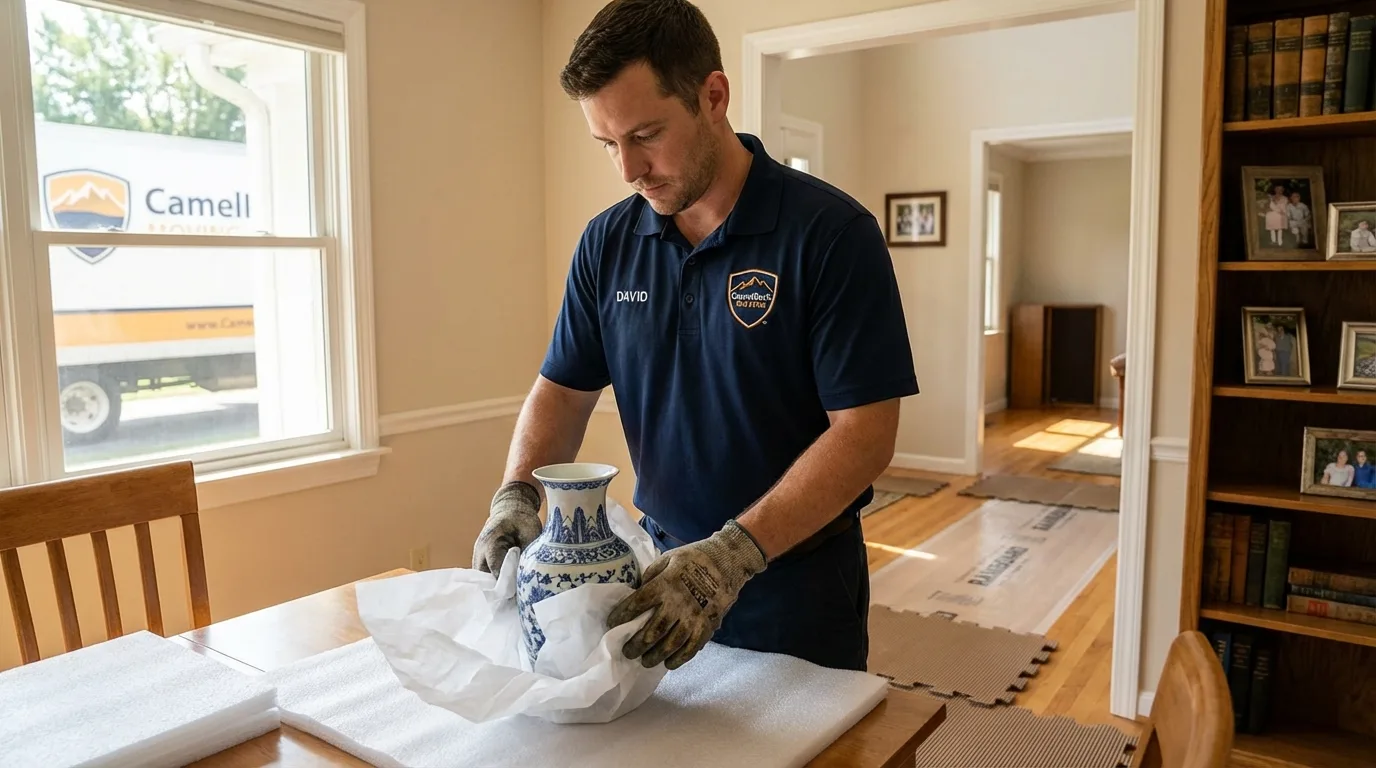 Professional crew carefully wrapping antique vase for senior downsizing move in Plaquemine, LA